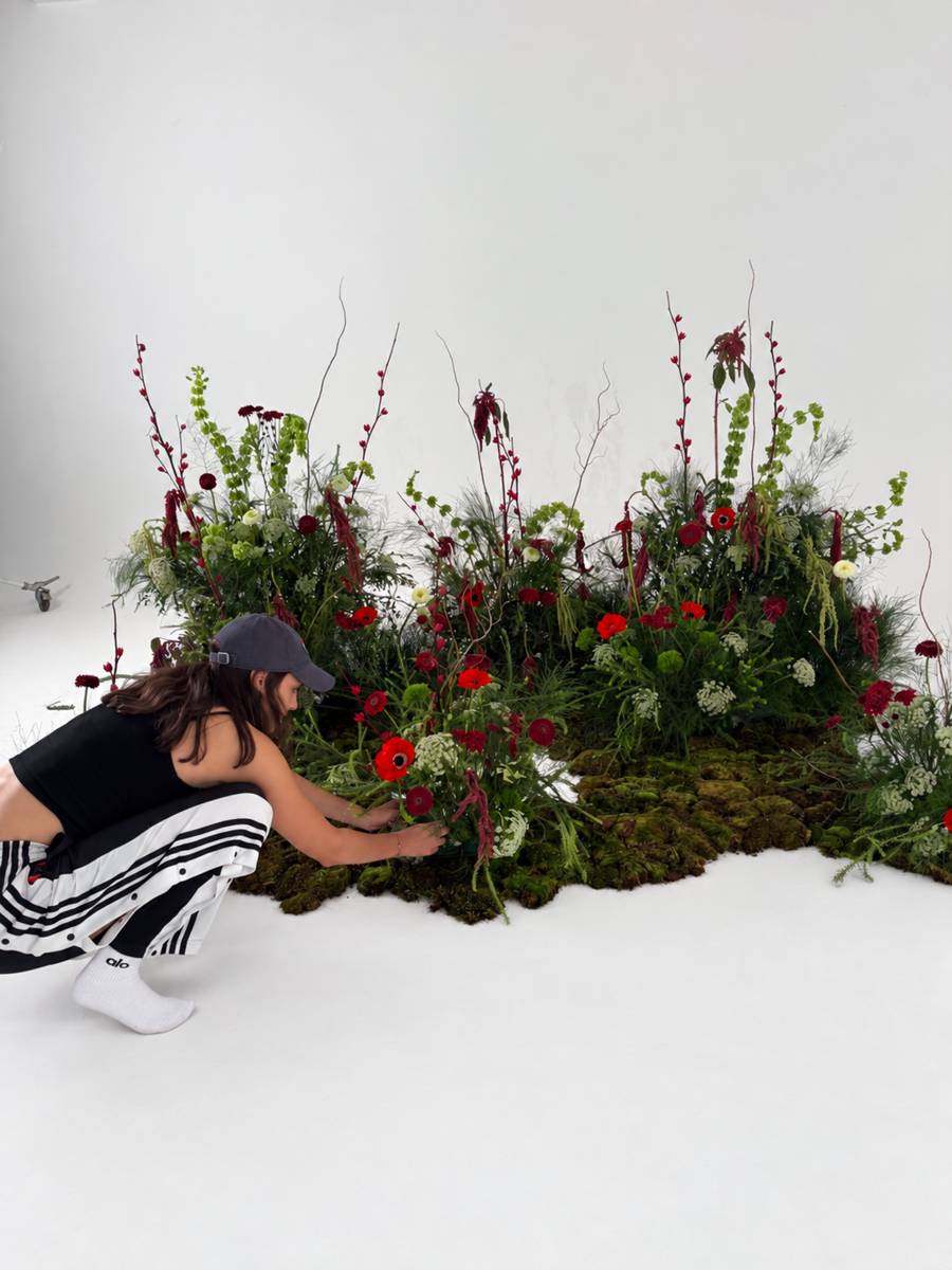 Instalación de flores rojas y moras sobre musgo